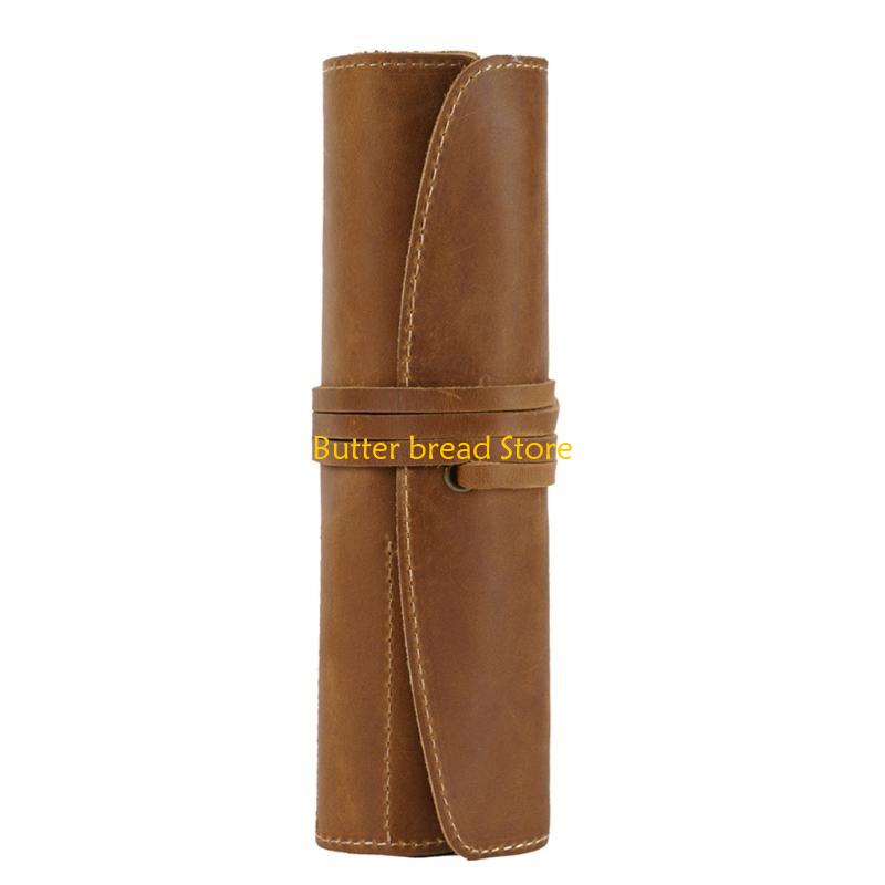W89C Vintage Brown Pencils Roll Exquisite Leather Pencil Wrap Makeup Brush Holder Bag коричневый
