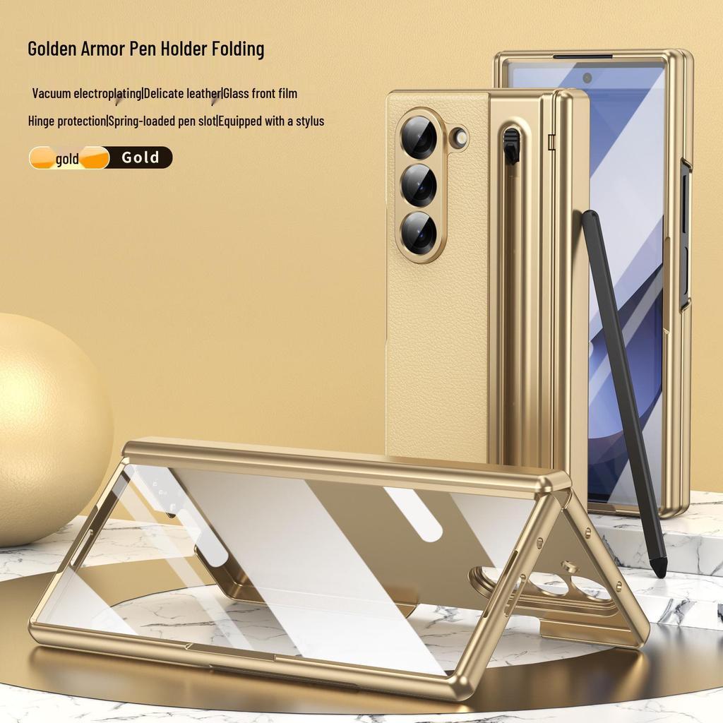 ZFOLD7: Spring-Loaded Pen Slot & Stylus Case for Samsung Z Fold 6/5/4/3 with Electroplated Leather Finish