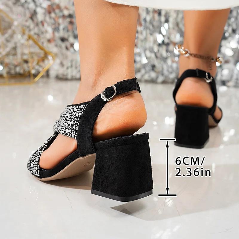 Fashion Luxury Design Rhinestone Cross Strap Sandals Women Thick High Heels Back Strap Gladiator Shoes Woman Party Black Sandalias Mujer