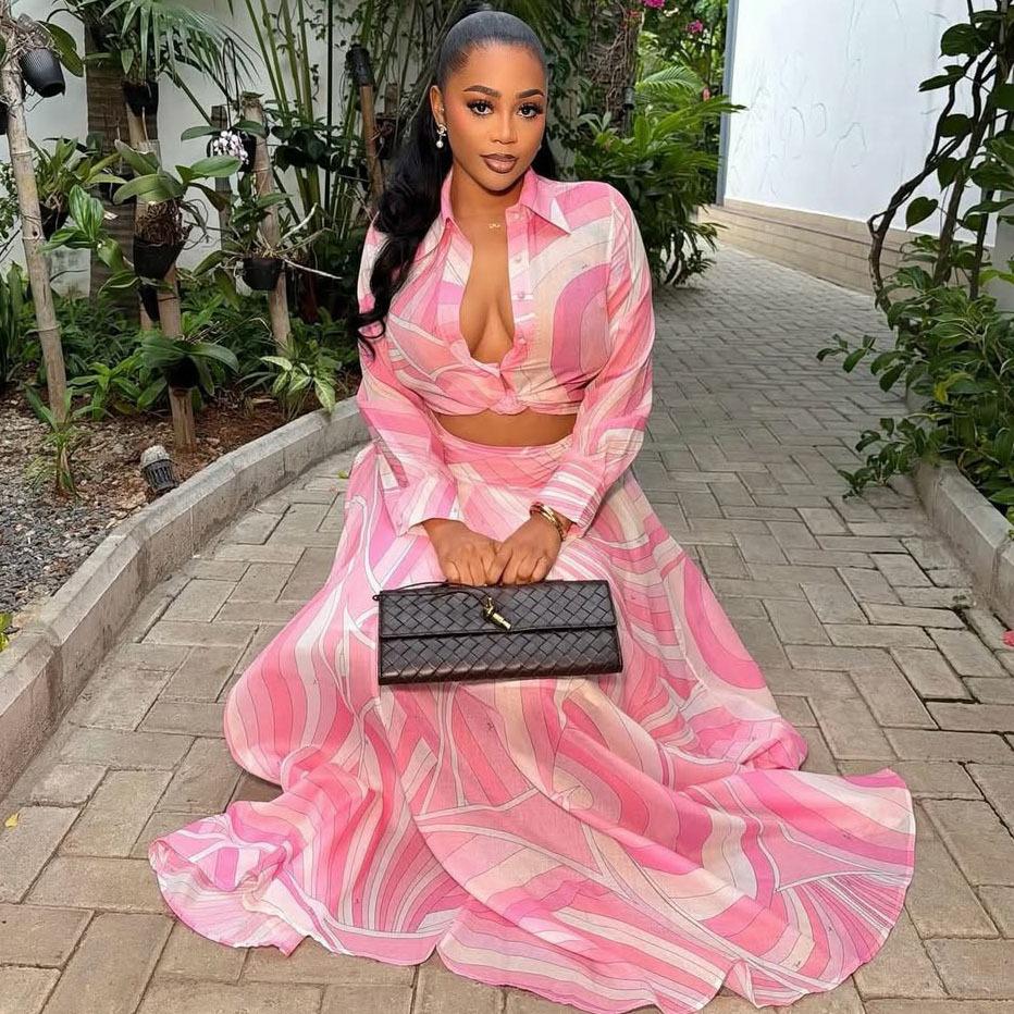 European and American Women's Clothing Sexy Lapel Color Matching Printing Slim-fitting Fashion Shirt High Waist Skirt African Fashion Suit