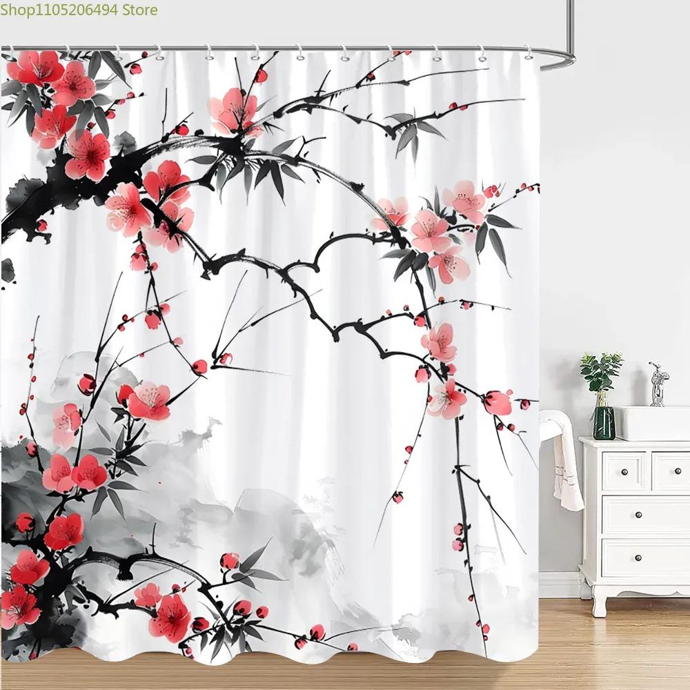 Chinese Japanese Ink Painting Shower Curtain Red Plum Blossom Art Painting Retro Style Polyester Shower Curtains Bathroom Deco
