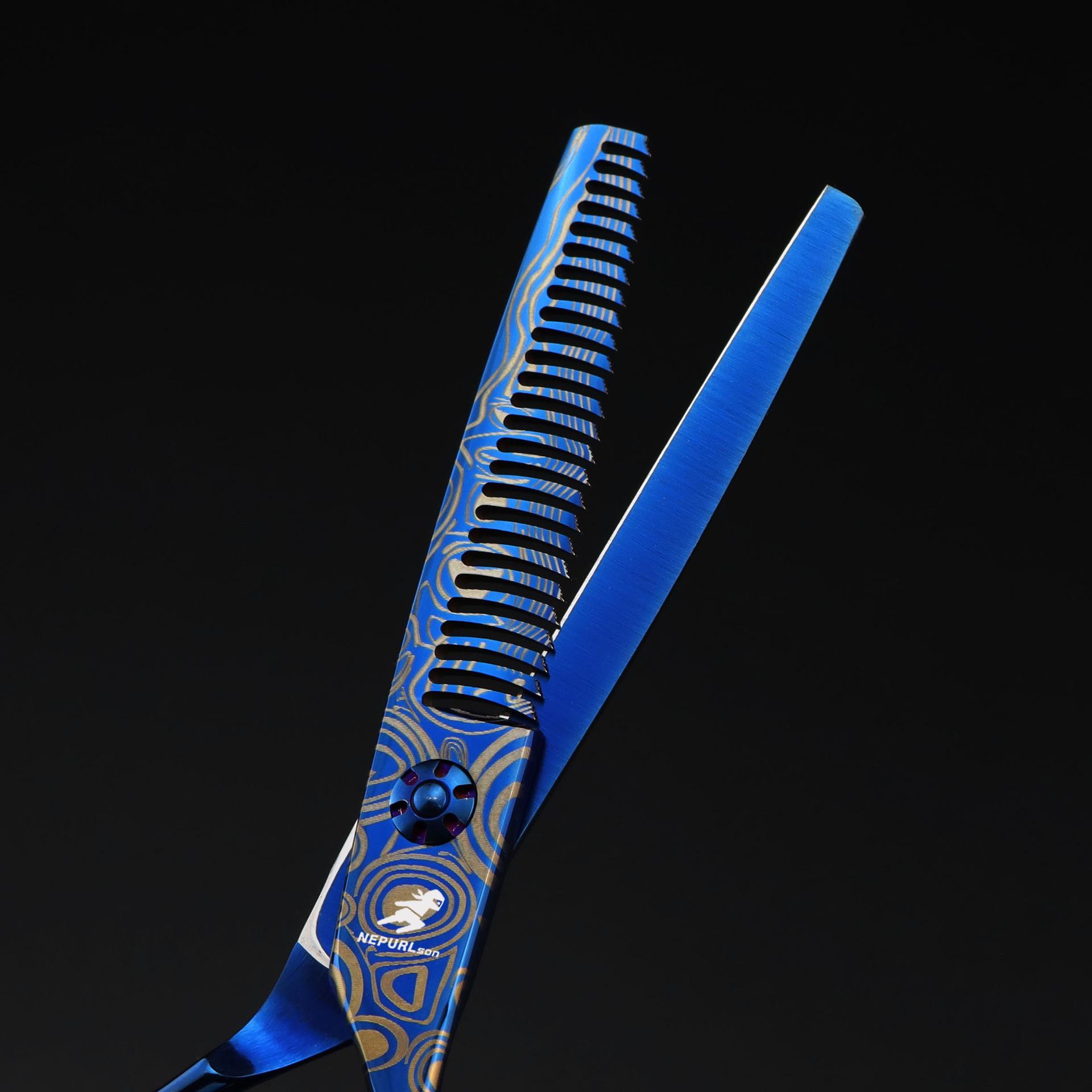 6.0-inch Blue Damascus Pattern Serrated Barber Hairdressing Scissors