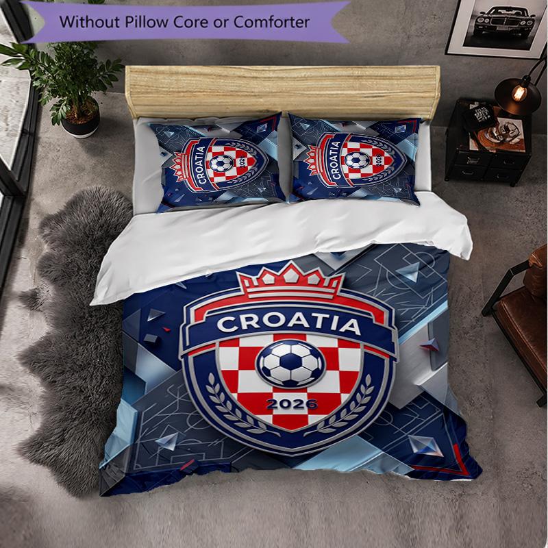 Croatia Football Pattern 3 Pieces Bedding Set Soft Microfiber Duvet Cover with Pillow Cases for Bedroom