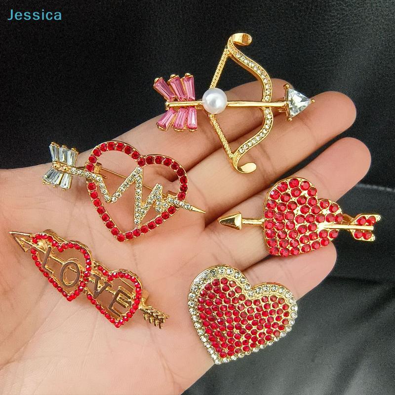 Red Heart Rhinestone Brooch - Cupid Arrow Design Lapel Pin for Valentine's Day and Daily Wear