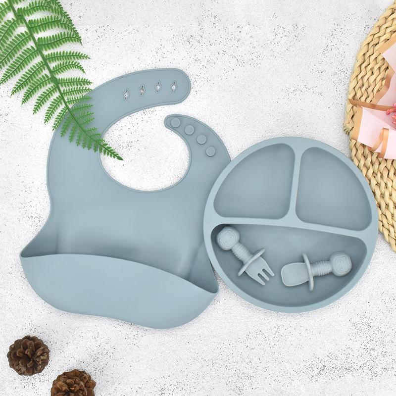 Baby-Fütterungsset aus Silikon, Babygeschirr, BPA-frei, leicht zu reinigen, Kindergeschirr, wasserdicht, Löffel und Lätzchen, Kinder-Trainingsset