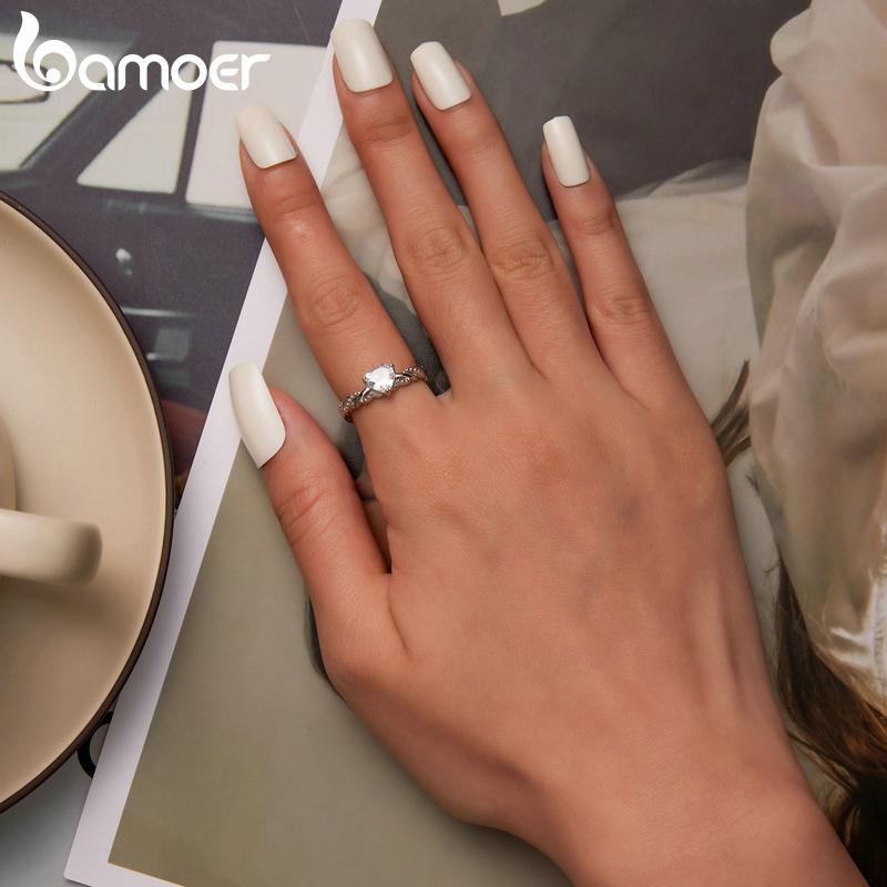 Bamoer Zirkon Herzring 925 Silber Einzigartiges Seilförmiges Design Liebesring Damen Feiner Schmuck