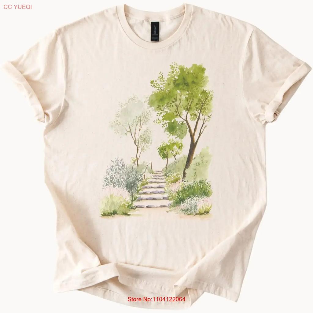 Botanical Garden Path T Shirt Watercolor Trees Nature Stairs Vintage Casual Streetwear Designer Clothes Unisex Homme