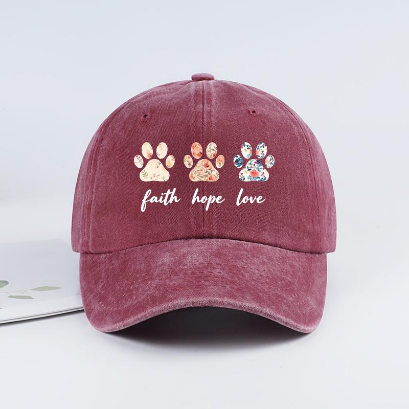 Floral Paw Print Baseball Cap Faith Hope Love Washed Cotton Adjustable Dad Hat Pet Lover Vintage Sun Hat