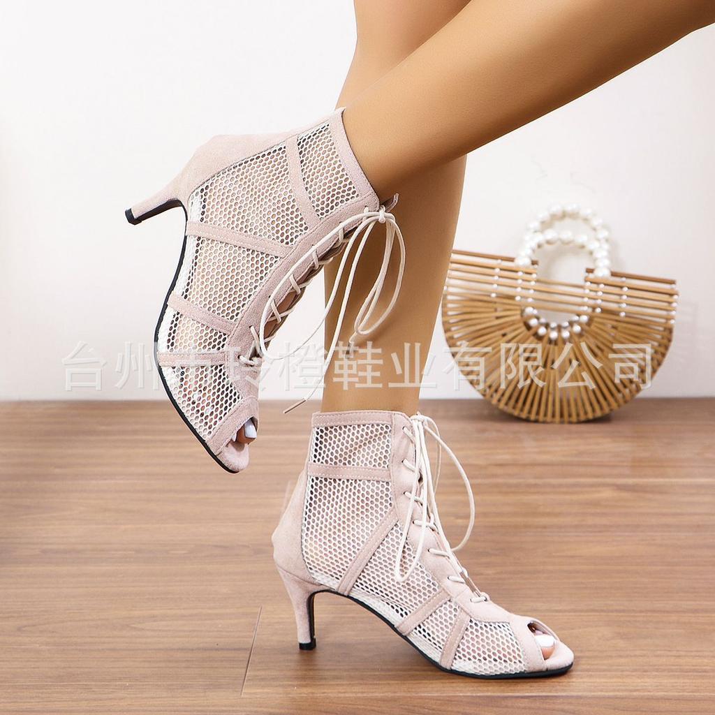 New Black Mesh Suede Fashion Cross Strap Sexy High Heel Large Size Women's Shoes