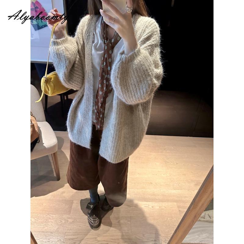 Korean Fashion Autumn Winter Women Thick Sweater Green Beige Brown Grey Knitted Cardigan Lantern Sleeve Casual Loose Oversized Knitting Outerwear