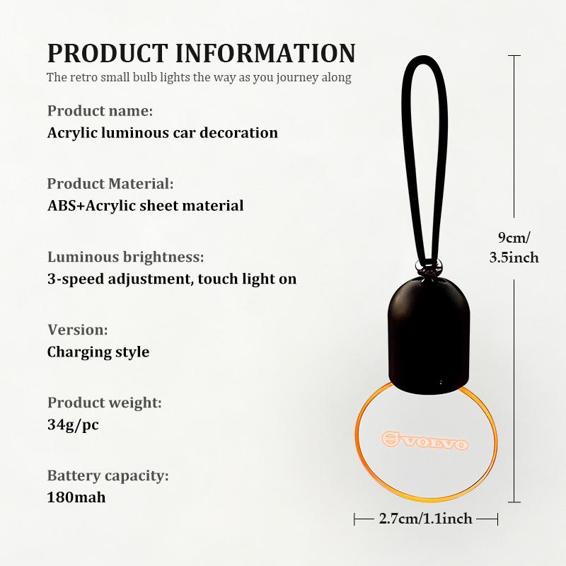 Luminous Acrylic Car Hanging Glow Decor Rear View Mirror Pendant For Volvo S60 S80 S90 C30 XC40 XC60 XC70 XC90 V40 V60 V90 T6