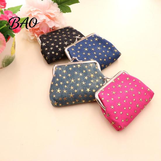 Portable Mini Wallet Golden Star Coin Purse, Women Denim Change Kiss Retro Style Pouch Lock Closure for Folded Cash Coins Cards Earbud Storage Case