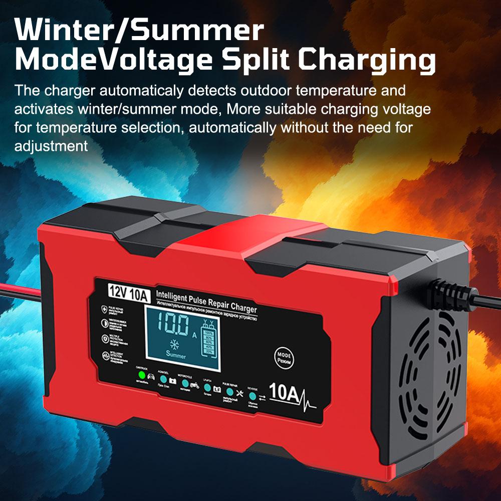 Car Battery Charger Multiple Protection 14.6V 10A Iron Lithium Charger Pulse Repair 12V 10A Smart Battery Charging EU/US Plug Digital LCD Display