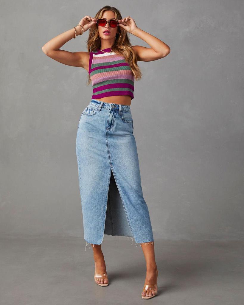 2024 Women's High Waist Washed Denim A-line Midi Skirt In European and American Style