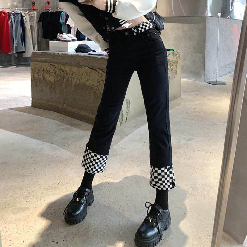 American checkerboard splicing high-waisted jeans children's tide year new thin small straight nine-point pants
