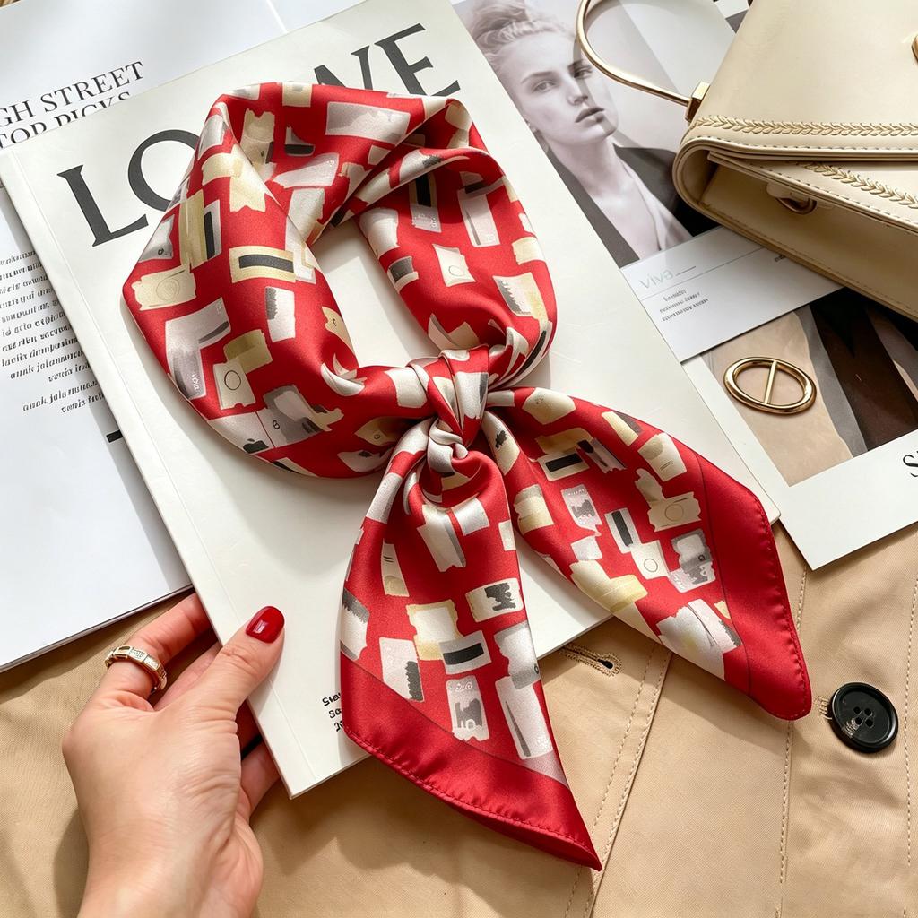Commuter elegant flower silk scarf women's contrasting color retro printing satin scarf shirt with multi-purpose decorative small scarf