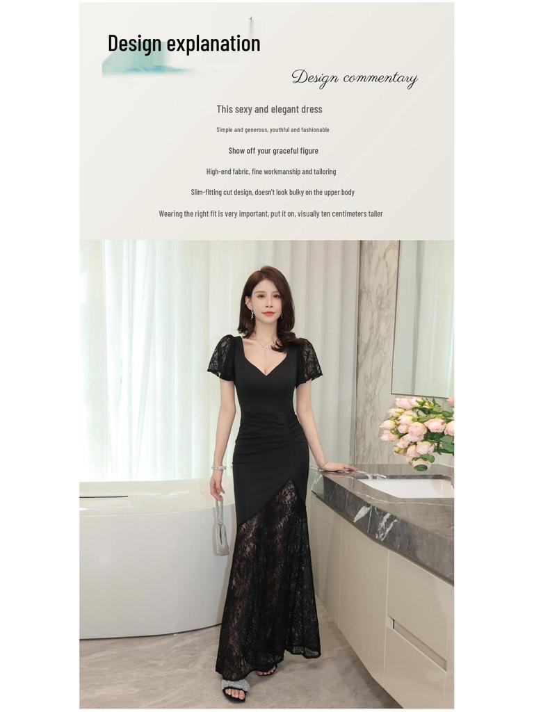 KTV Sauna Technician Deep V Evening Gown – Elegant and Sexy Dress for Work and Banquets