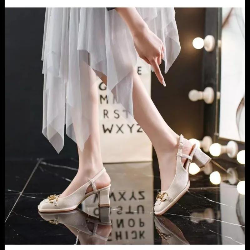 Fashion Women's Mid-heel 5.5CM 2024 Summer French Style Back Empty Female Thick Heel Square Toe Shoes Black Green