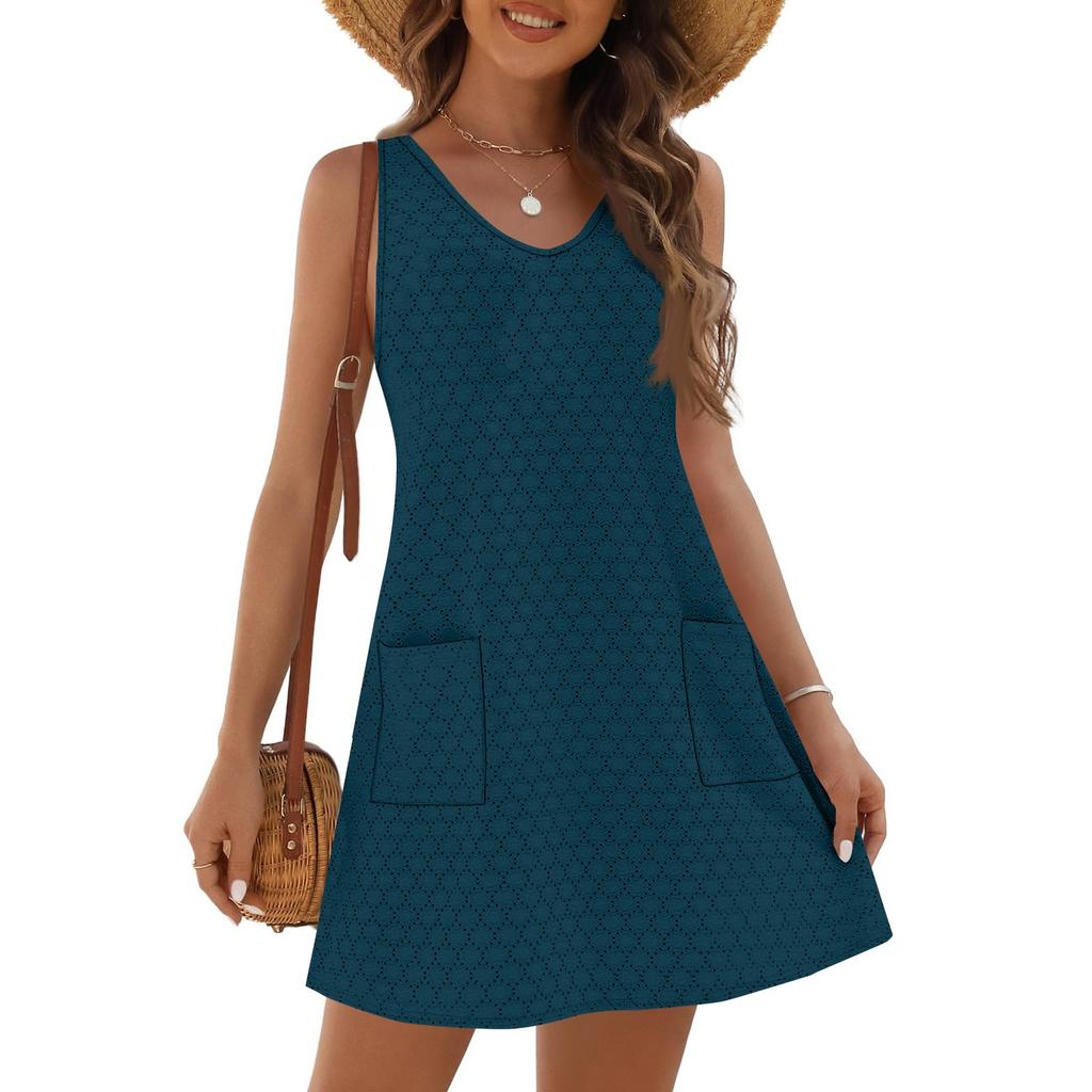 Women's Fashion Casual Summer Cuffs Bag V-neck Solid Color Dress Beach Sundress