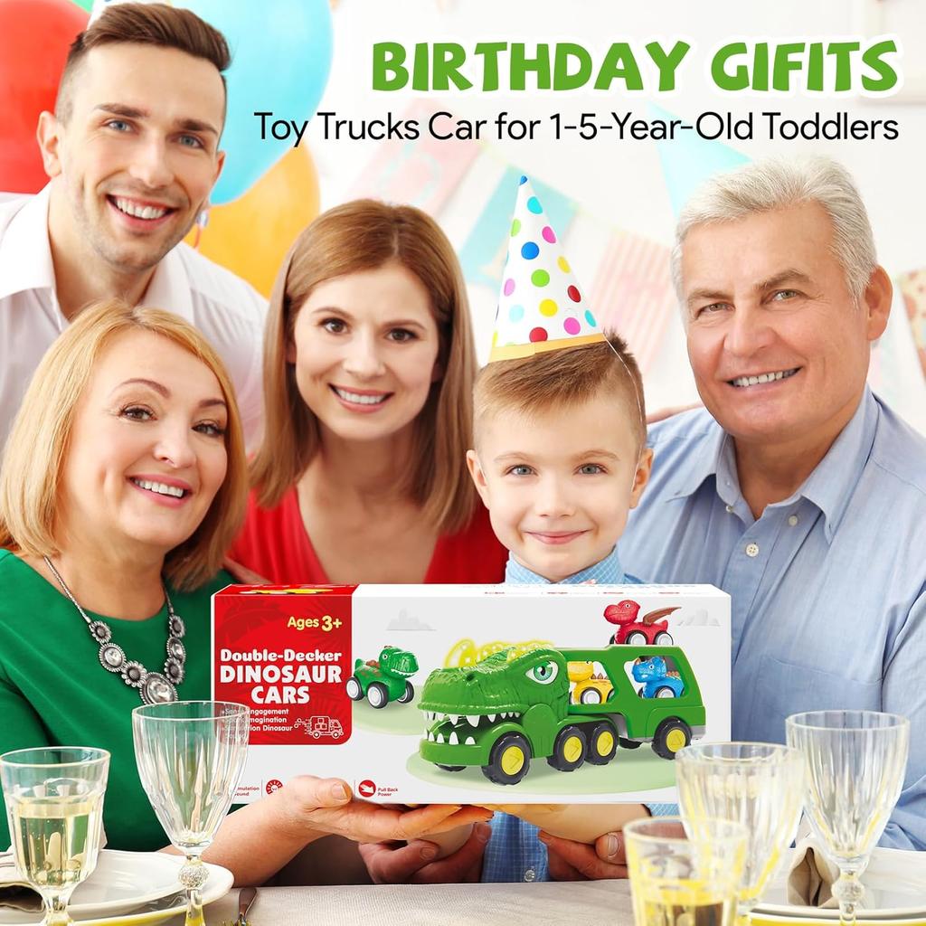 Dinosaur Toys for 1 2 3 4 5 Year Old Boy, Dinosaur Trucks for Toddlers 2-4 Years with 4 Small Pull Back Dino Cars, Kids Christmas Birthday Gifts for