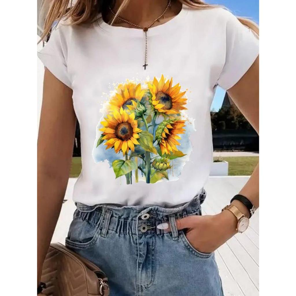 Floral sweet and cute fashion printing women's O-neck clothes T-shirt short-sleeved casual daily top