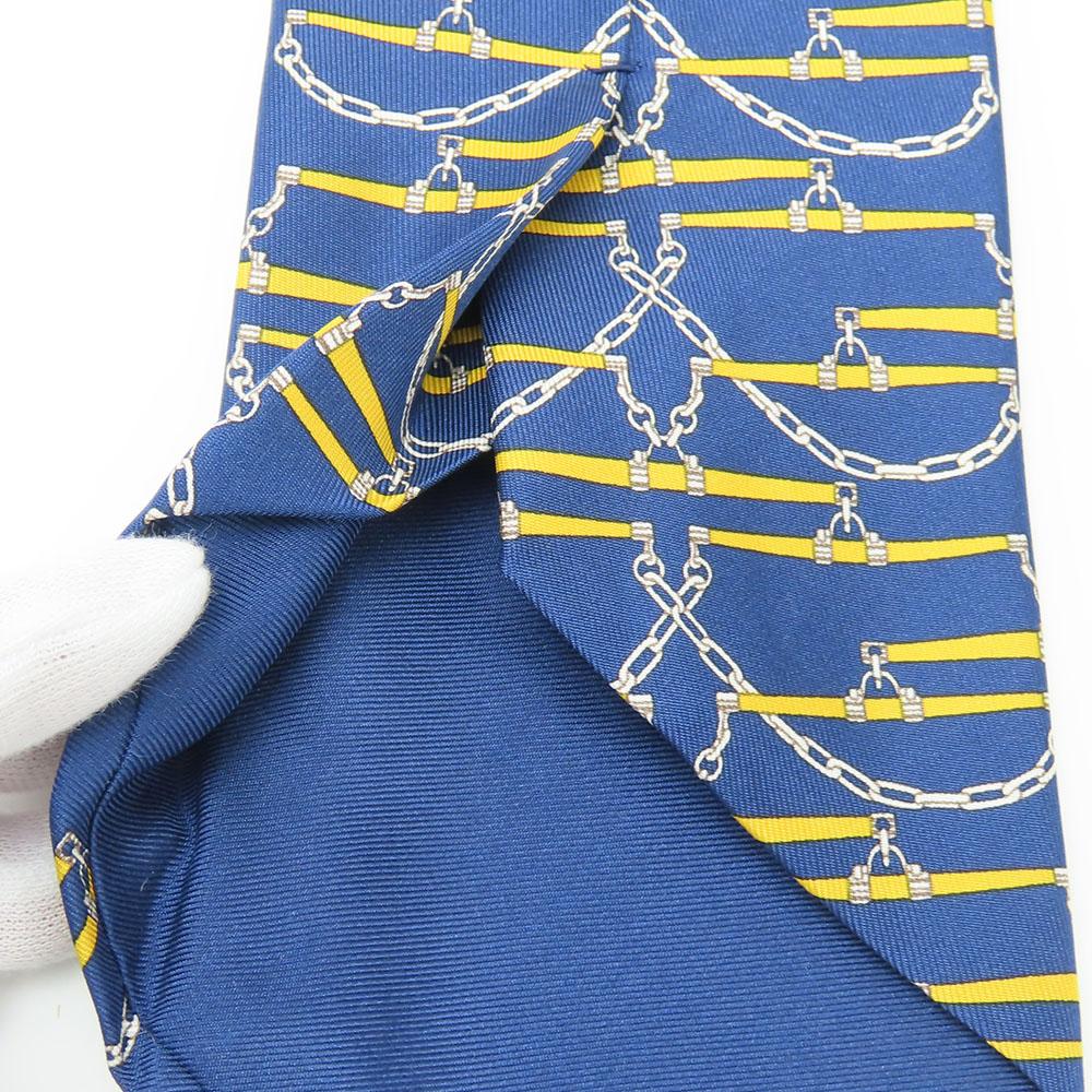 Used HERMES Tie Silk Navy Yellow Overall Handle