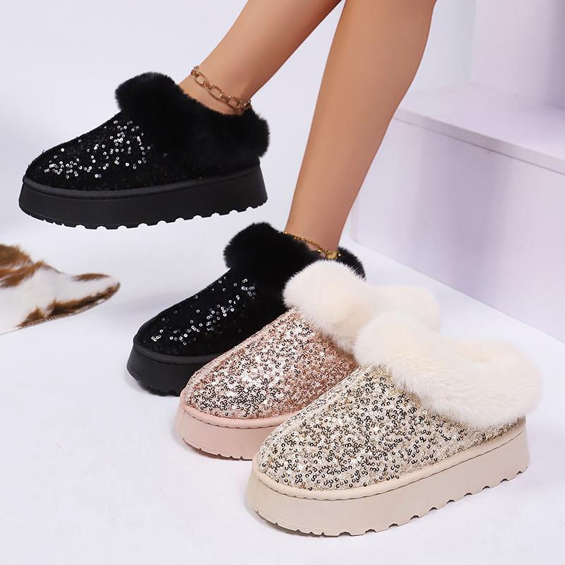 Fashion Shiny Sequins Fluffy Snow Boots for Women Winter Thick Sole Warm Plush Ankle Boots Woman Faux Fur Chunky Platform Booties Female