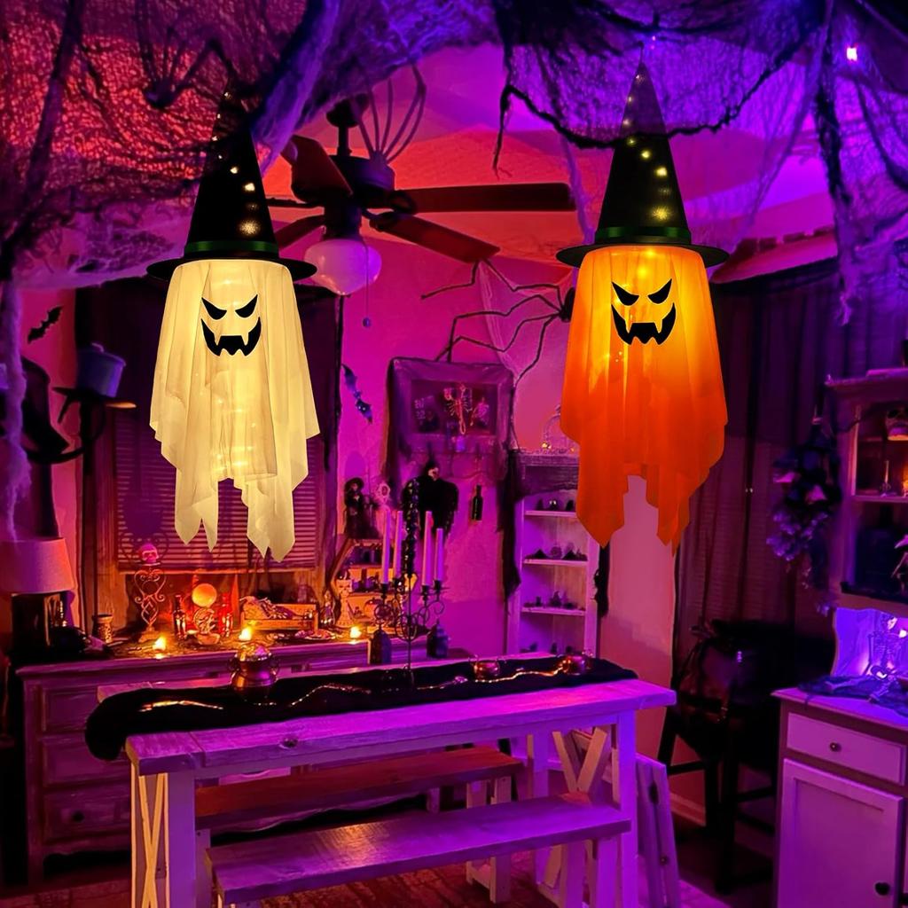 Halloween Decorations Flying Witch Hats Ghost Hanging LED Lights Bar Halloween Party Supplies Dress Up Glowing Wizard Ghost Lamp