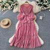 Lace Splicing Hollow Pleated Dress Women's Long-sleeved High-waisted A-shaped Skirt Big Pendulum High-elastic Long Dress