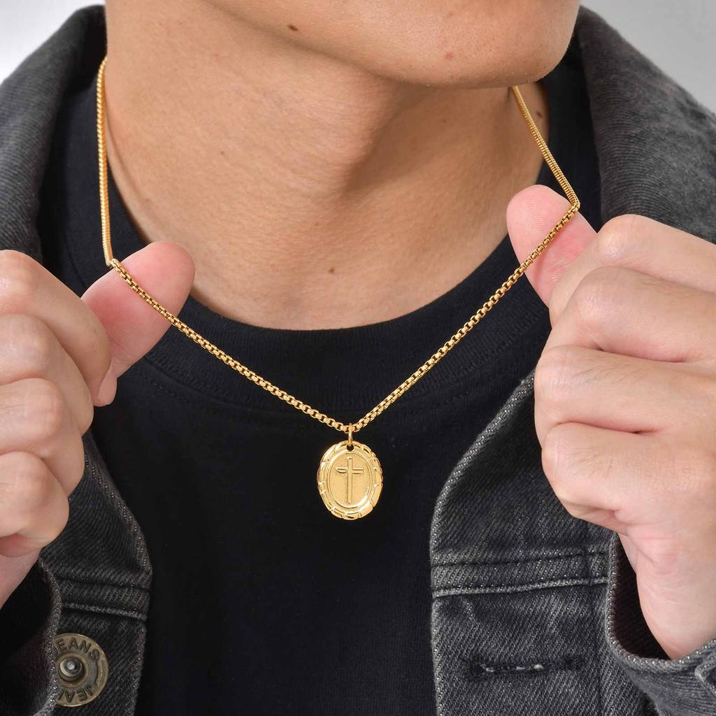 Vnox Oval Double Sided Cross Pendant Necklace for Men, Stainless Steel Gold Silver Color Chain Necklace Religious Faith Collar