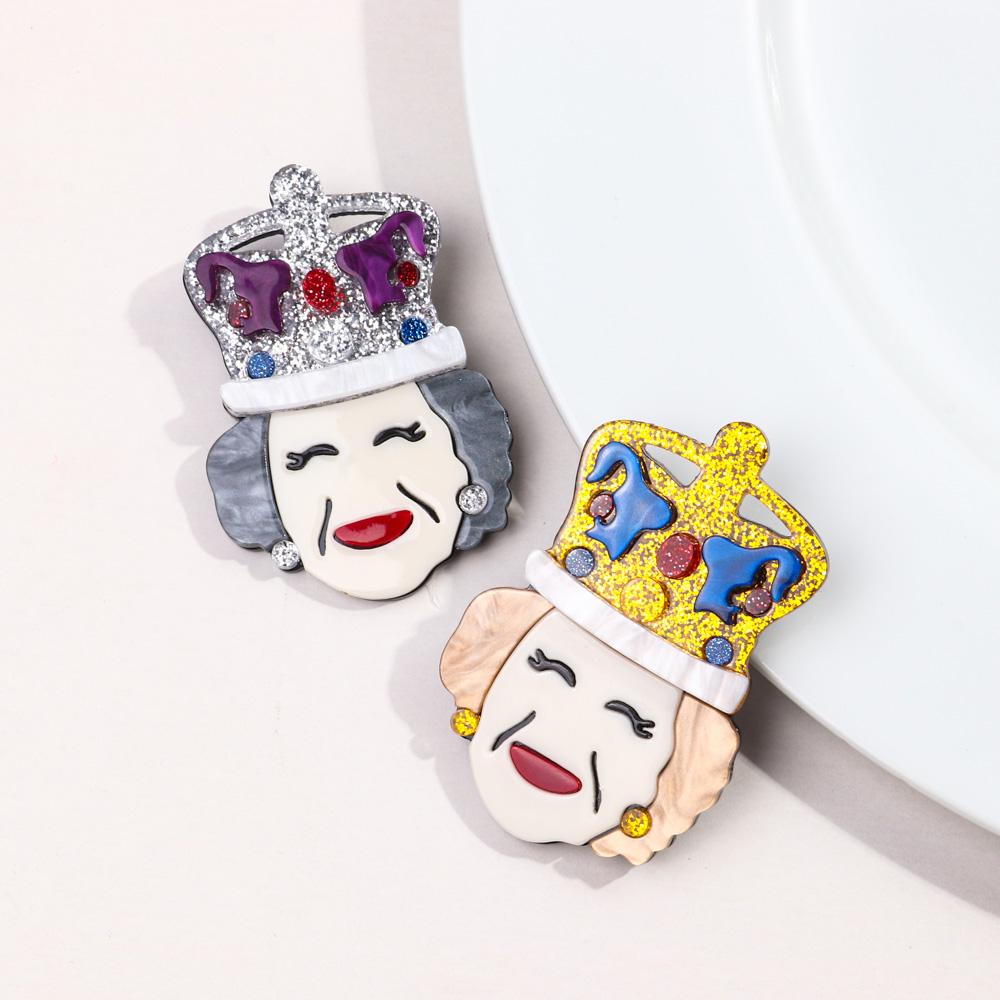 New Elegant Queen Elizabeth II Acrylic Brooches for Women's Clothing Glitter Crown Granny Figure Badges Pins Brooch Cute Jewelry
