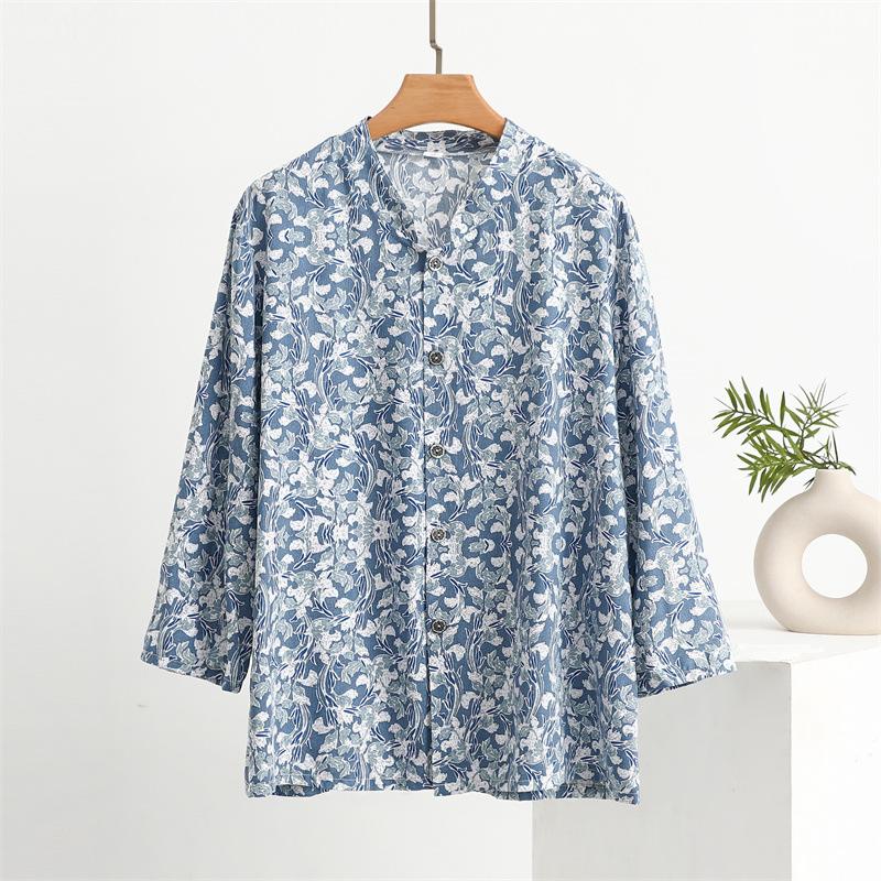 Cotton Silk Printed Standing Collar Cardigan Long Sleeve Women's Shirt Summer Thin Comfortable Breathable Rayon Top