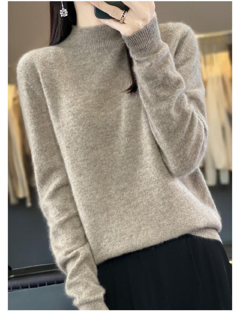 Women's Half-High Neck Wool Sweater Pullover - Loose Fit, Autumn/Winter Knitwear