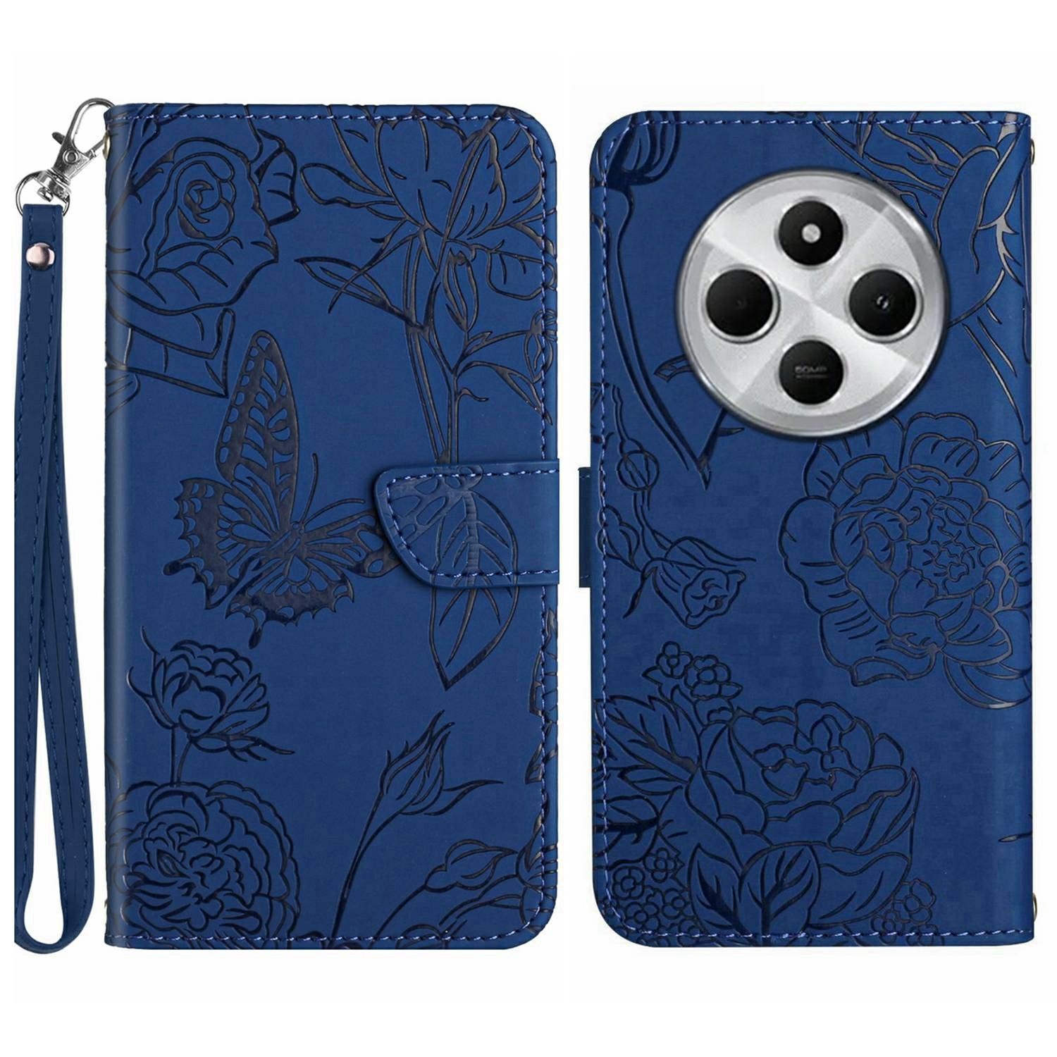 

HT03 For Xiaomi Poco C75 4G/Redmi 14R 5G/14C 4G Case Butterfly Flower Imprint Leather Phone Cover with Strap Blue