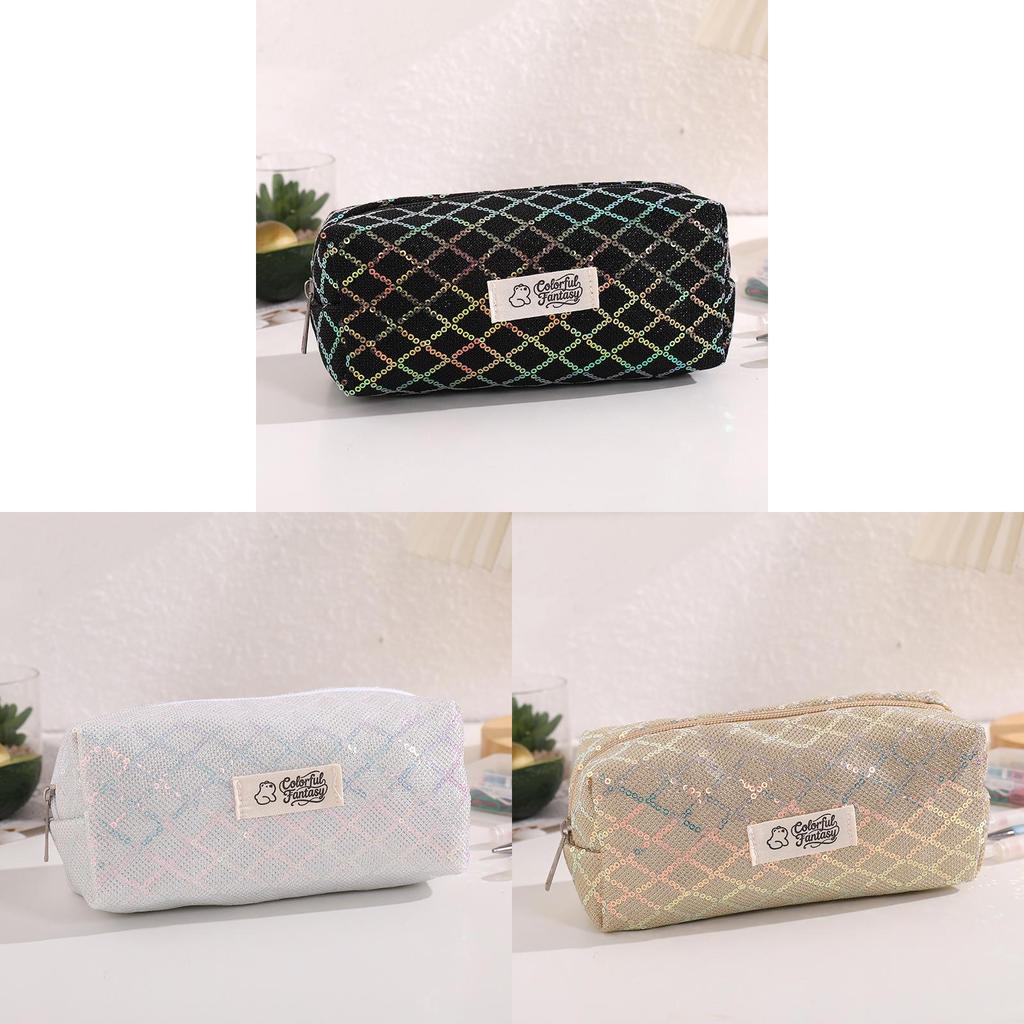 Canvas Pencil Case Large Capacity For Student Organizers With Sparkling Diamond Pattern Design