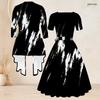 Women Plus Size Red Black Printed Two Piece Set Square Neck Tie Waist Flared Dress And 3 4 Sleeve Cardigan