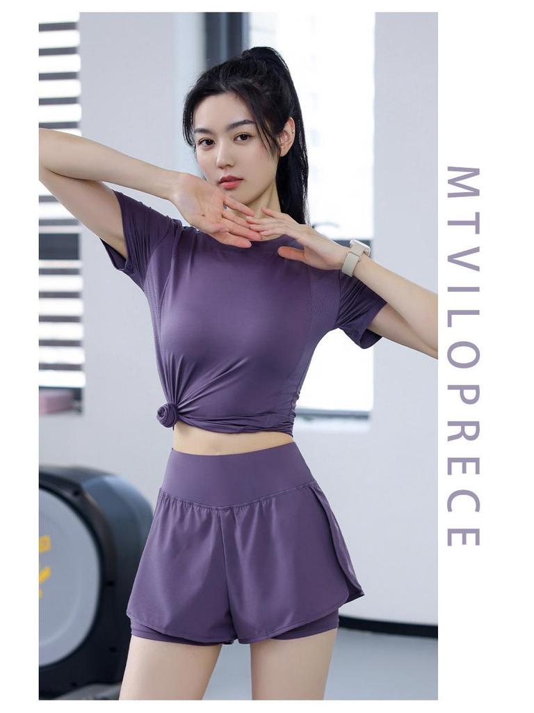 Women's Summer Yoga Wear: Stretchy Two-Piece Short Sleeve & Shorts Fitness Set