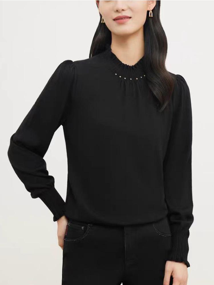 Elegant 2024 Autumn Women's Long Sleeve Wool Sweater - 100% Fine Wool Base Layer