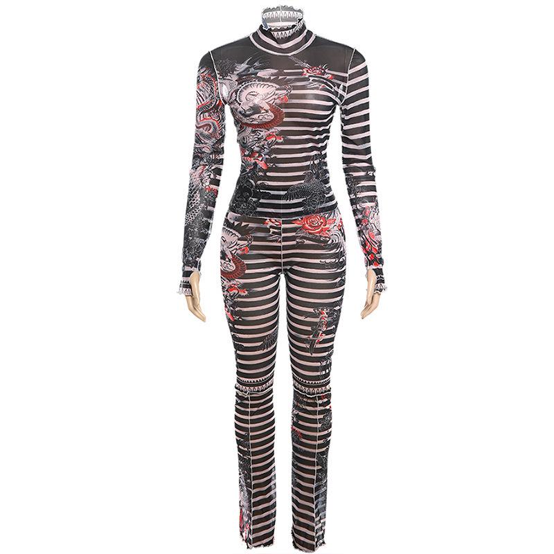 2025 Autumn Women's Sexy Mesh See-Through Print Top & High Waist Casual Pants Set