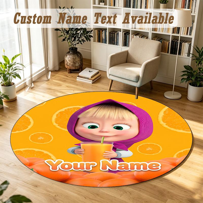Round Rug Custom NameMasha and the Bear Cartoon Pattern Non Slip Carpet Home Floor Decor