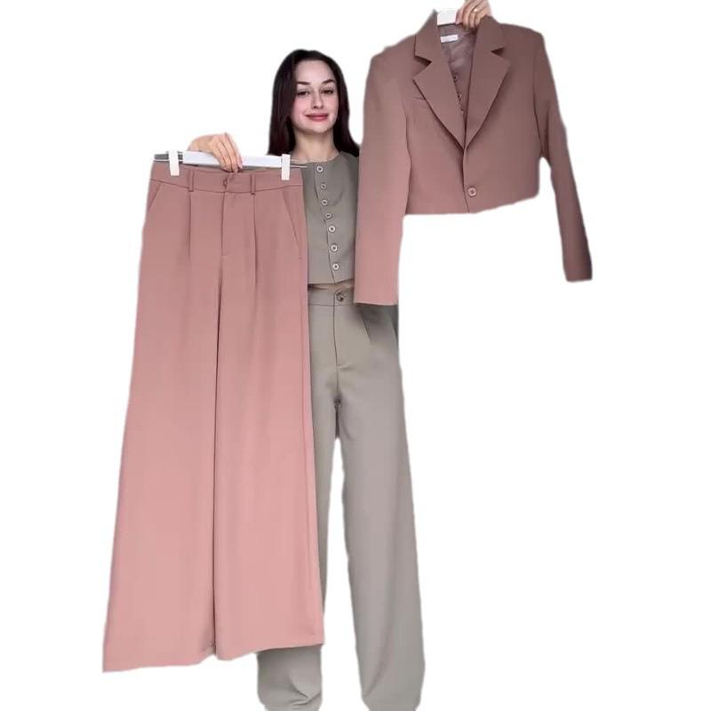 2024 Autumn Women's Solid Color Two-Piece Set: Turn-Down Collar Top & High-Waisted Long Pants