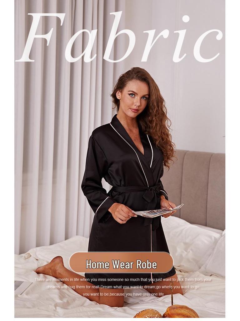 Women's Pure Black Faux Silk Bathrobe and Pajama Set with Turn-Down Collar