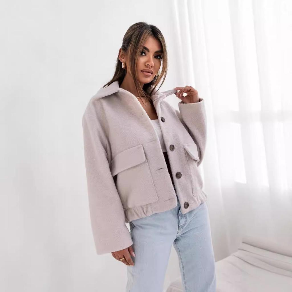 2024 Autumn/Winter Women's Solid Color Wool Coat with Pocket and Button Row