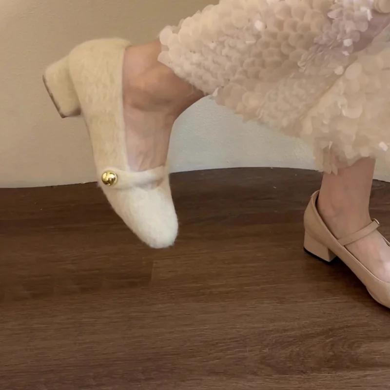Fashion New Style Elegant Buckle Strap Fur Mary Jane Shoes Woman Cosy Soft Fluffy Ballet Flat Ladies Plush Shallow Loafers Concise Dress