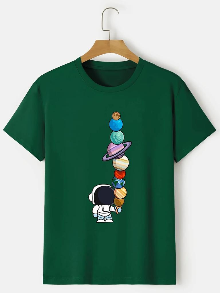 Summer New Men's T-shirt 100% cotton cartoon Astronaut Planet print loose large casual crew neck short sleeve T-shirt