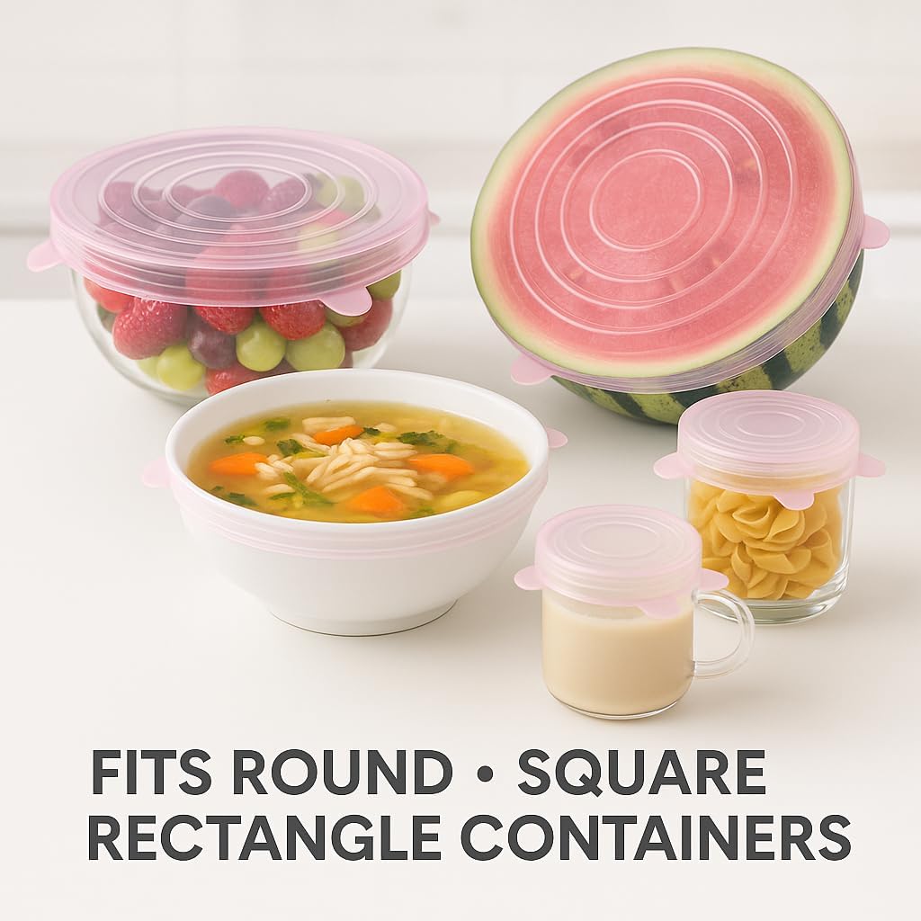 Silicone Stretch Lids Pink (6 Pack) Reble Airtight Food Covers for Bowls, Containers & Fruits |Elastic BPA-Free Stretchable Lids | Microwave, Freezer