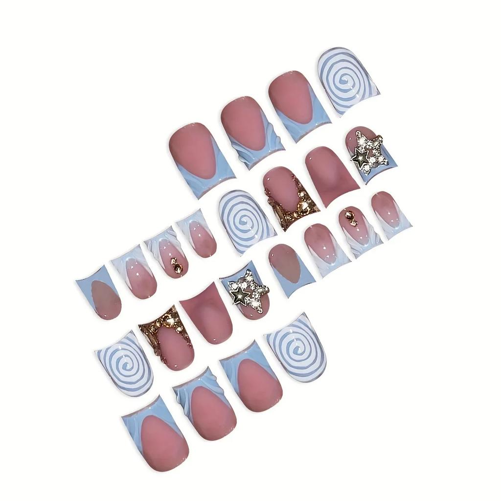 24Pcs Short Duckbill Press On Nails, Blue French Y2K Fake Nails with Star Rhinestones Decor