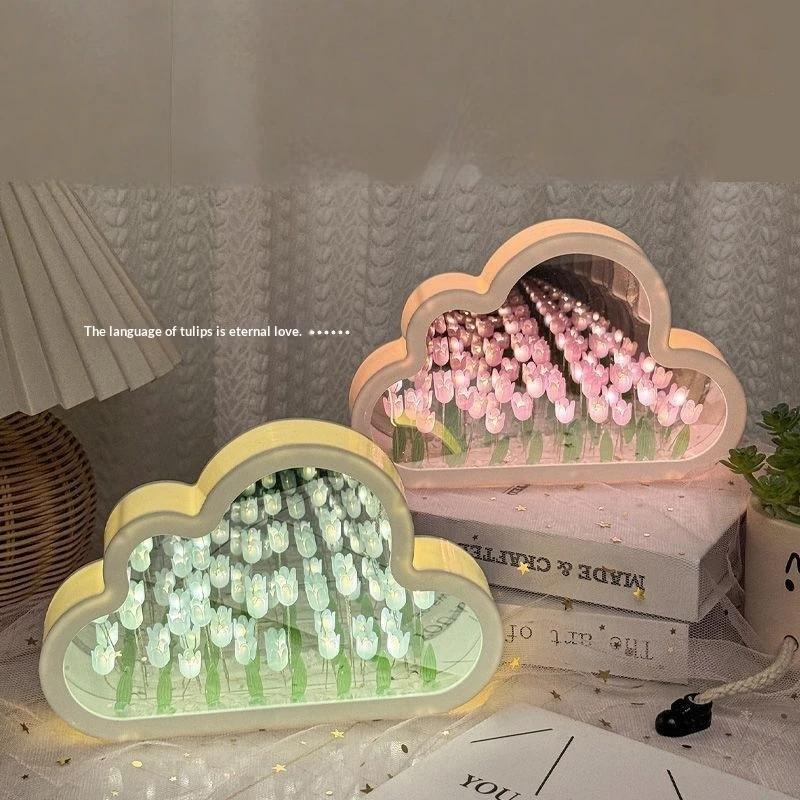 Cloud Shape Tulip Night Light Diy Handmade Flower Lamp Battery Powered Mirror Decor Table Lamp For Bedroom Gift