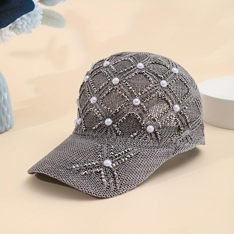 1pc of Four-Leaf Flower Pearl Hat for Women, Stylish And Versatile with Pearl And Rhinestone Mesh, Adjustable Summer Baseball Cap