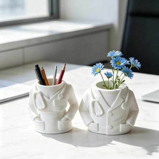 3D Printed Doctor Coat Pen Holder Plastic Desktop Organizer for Makeup Brushes Pencils Gifts for Doctors Nurses Medical Students